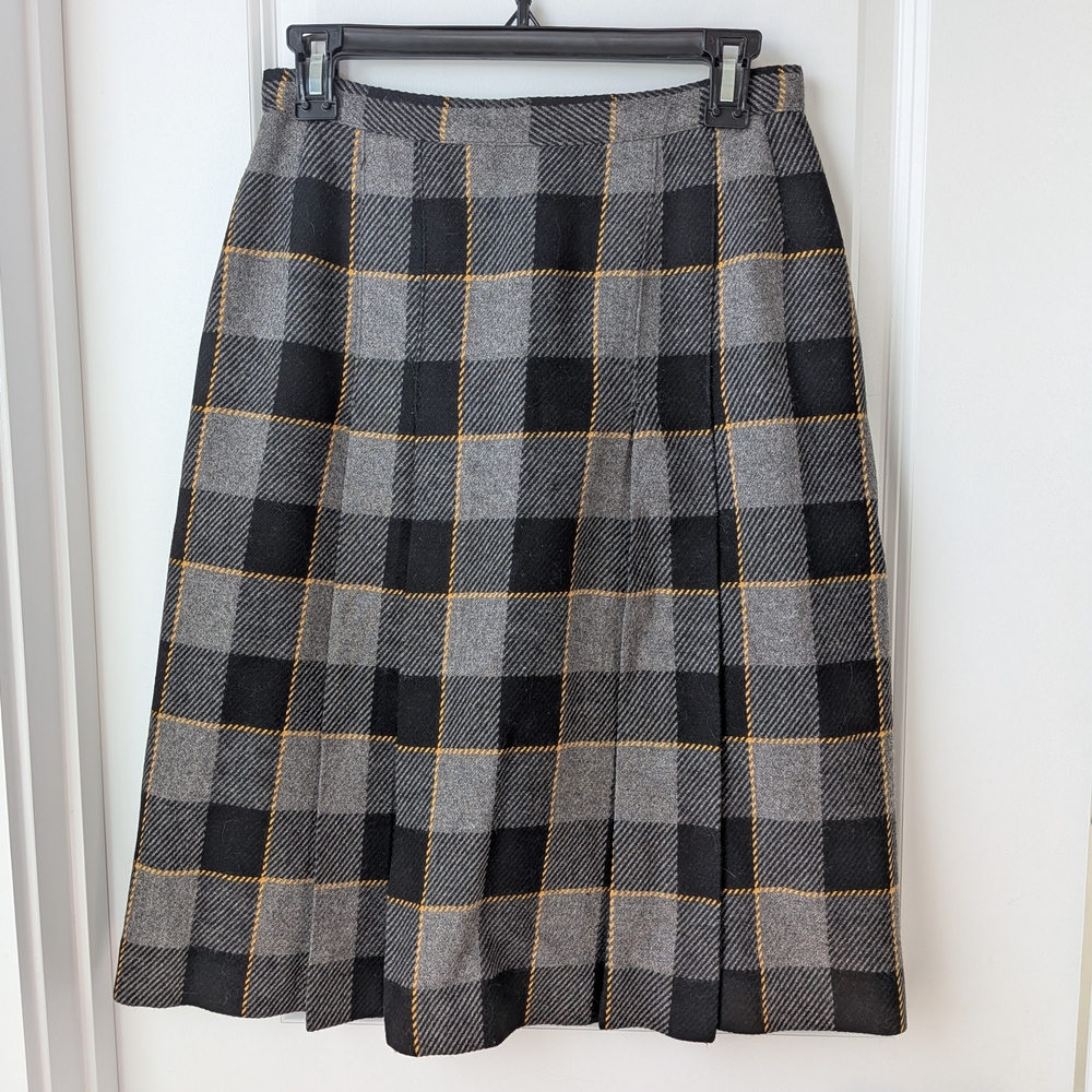 Vintage Black, Gray, and Gold Plaid Midi Skirt